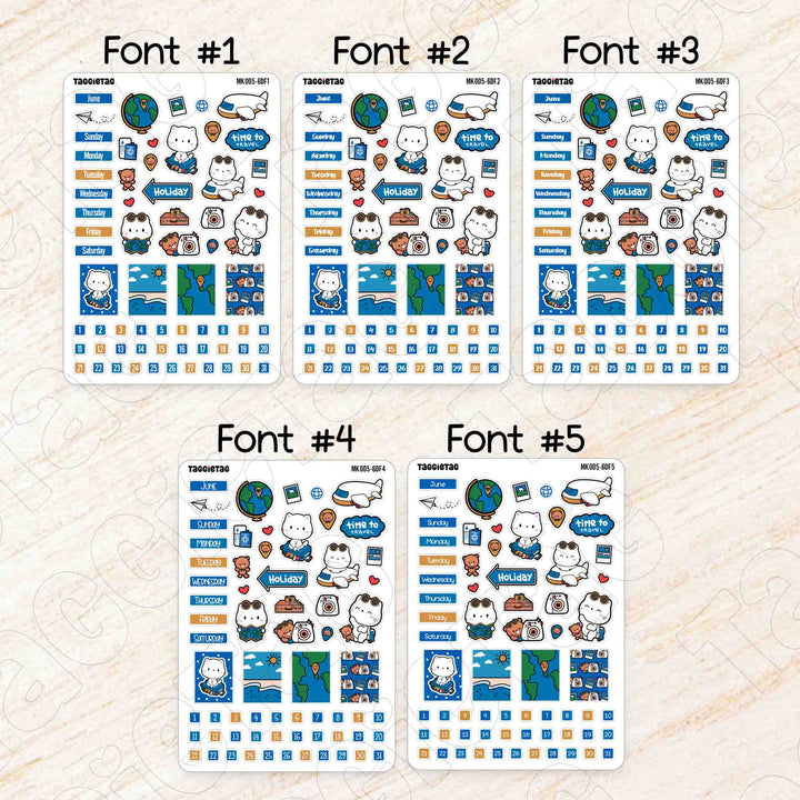 June Travel Hobonichi Weeks Monthly Planner Sticker Kit - Blue & Yellow Theme available in 5 different fonts