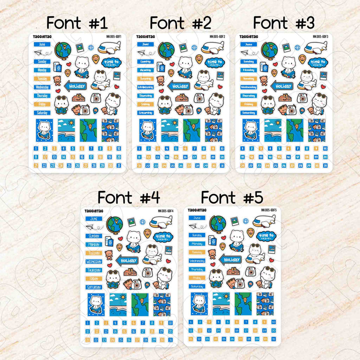 June Travel Hobonichi Weeks Monthly Planner Sticker Kit - Blue & Yellow Theme available in 5 different fonts