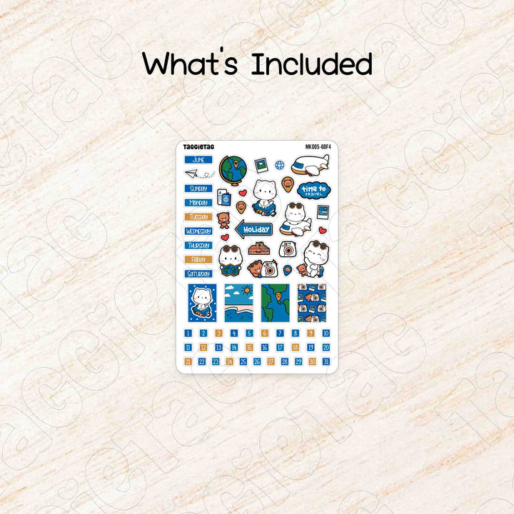 Includes a sheet of June Travel Hobonichi Weeks Monthly Planner Sticker Kit - Blue & Yellow Theme