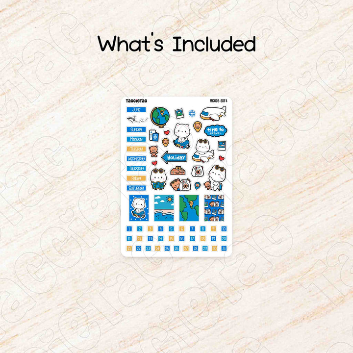 Includes a sheet of June Travel Hobonichi Weeks Monthly Planner Sticker Kit - Blue & Yellow Theme