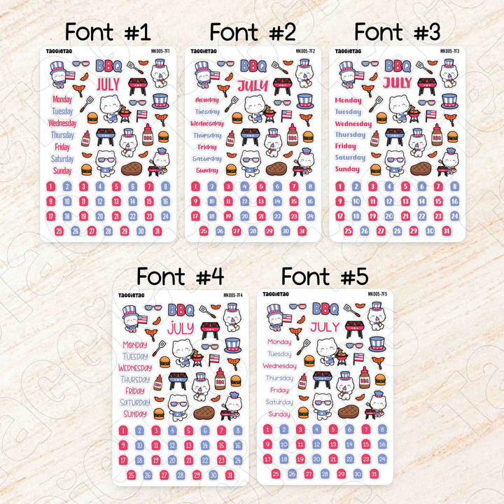 July July 4th BBQ Monthly Planner Sticker Kit available in 5 different fonts