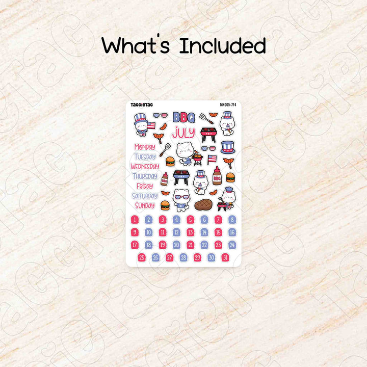 Includes a sheet of July July 4th BBQ Monthly Planner Sticker Kit
