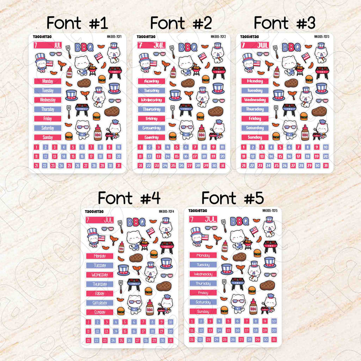July July 4th BBQ Hobonichi Cousin A5 Monthly Planner Sticker Kit available in 5 different fonts