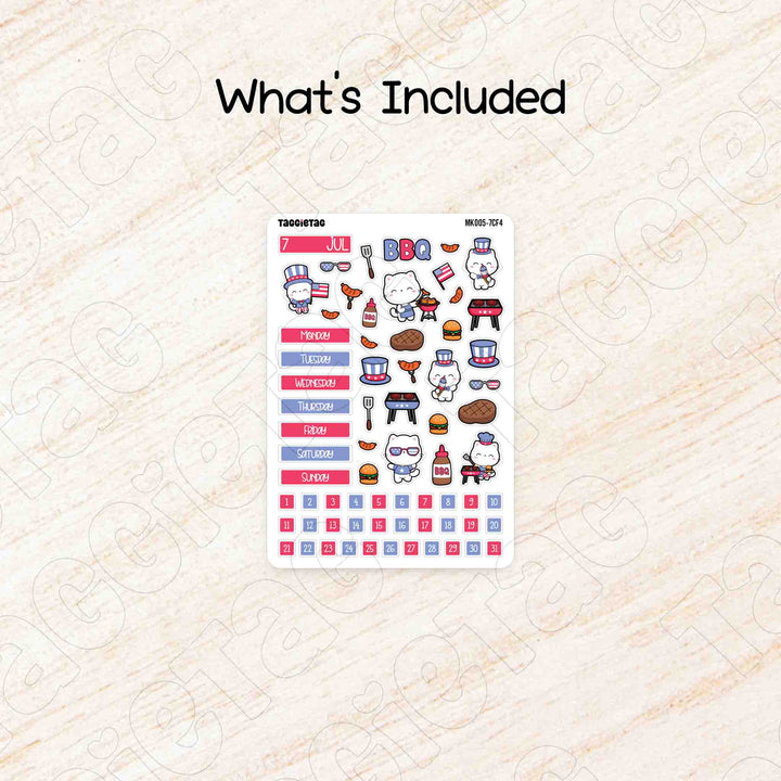 Includes a sheet of July July 4th BBQ Hobonichi Cousin A5 Monthly Planner Sticker Kit