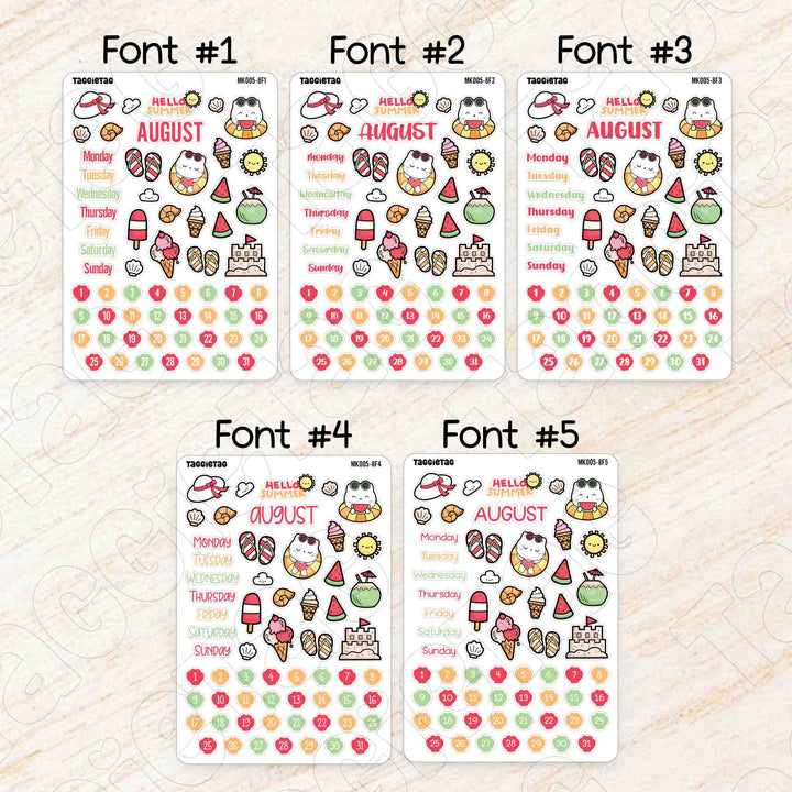 August Summer Monthly Planner Sticker Kit available in 5 different fonts