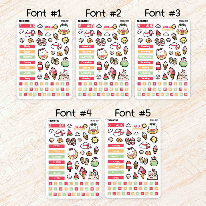 August Summer Hobonichi Cousin A5 Monthly Planner Sticker Kit available in 5 different fonts