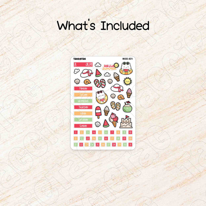 Includes a sheet of August Summer Hobonichi Cousin A5 Monthly Planner Sticker Kit
