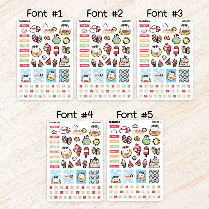 August Summer Hobonichi Weeks Monthly Planner Sticker Kit available in 5 different fonts