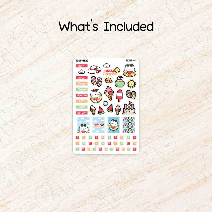 Includes a sheet of August Summer Hobonichi Weeks Monthly Planner Sticker Kit