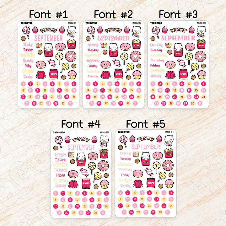September Snack Time Monthly Planner Sticker Kit available in 5 different fonts