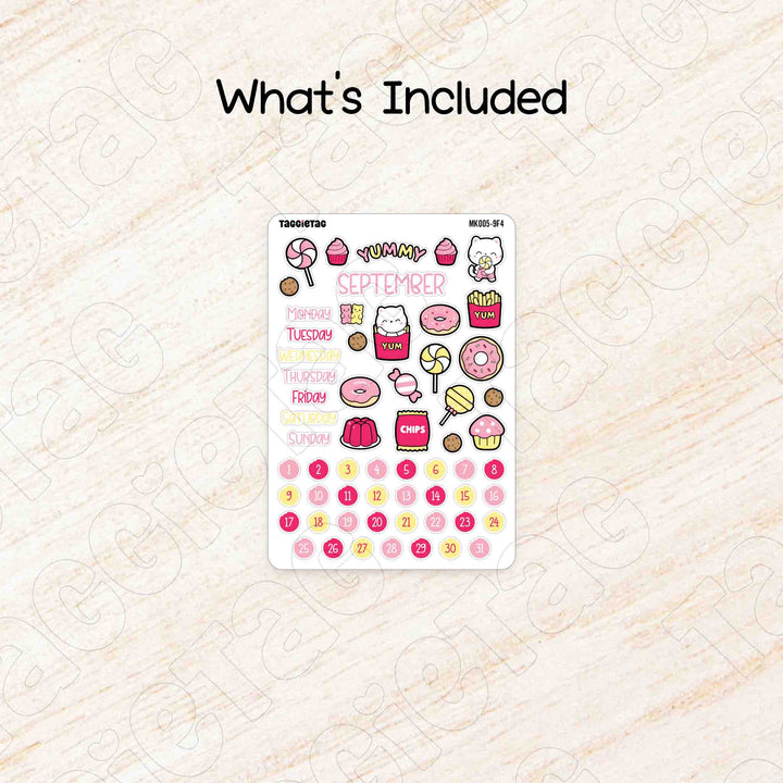 Includes a sheet of September Snack Time Monthly Planner Sticker Kit