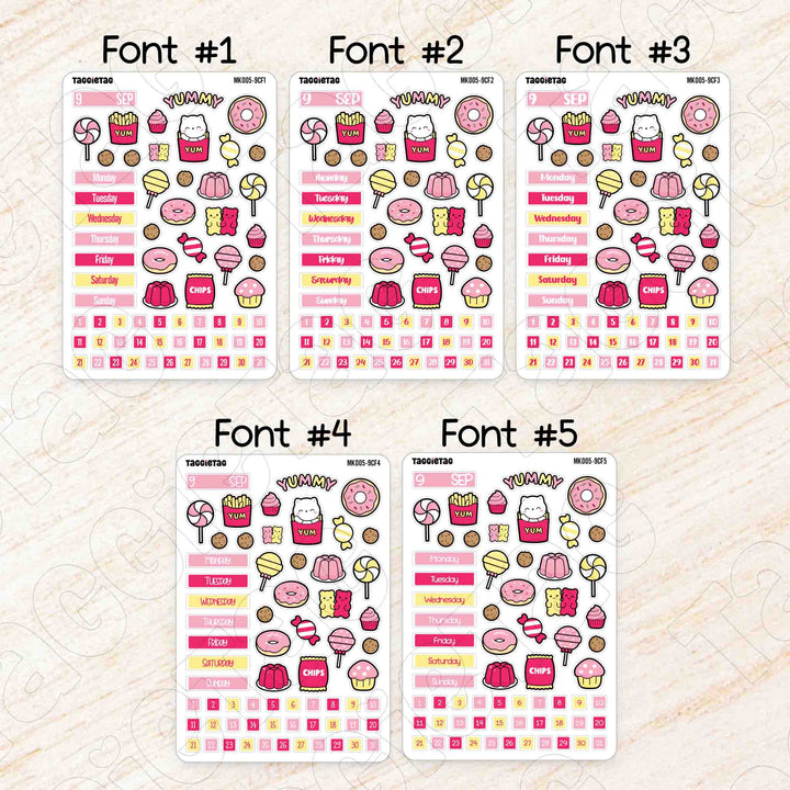 September Snack Time Hobonichi Cousin A5 Monthly Planner Sticker Kit available in 5 different fonts