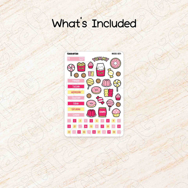 Includes a sheet of September Snack Time Hobonichi Cousin A5 Monthly Planner Sticker Kit