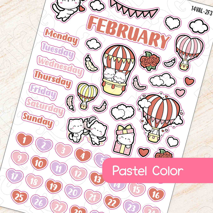 February Valentine Hot Air Balloons Theme Planner Stickers pastel color