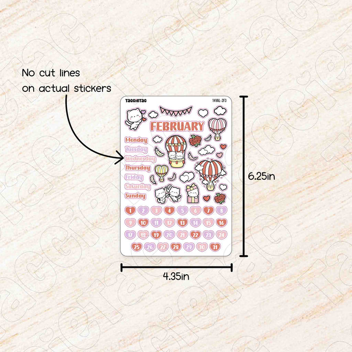 February Valentine Hot Air Balloons Theme Planner Stickers no cut lines on actual stickers, sheet size is 6.25in x 4.35in