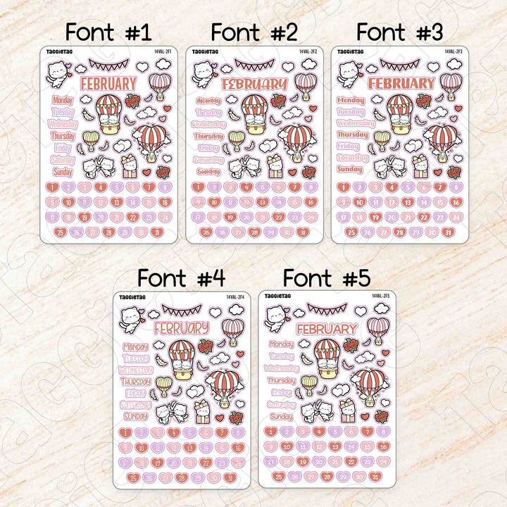 February Valentine Hot Air Balloons Theme Planner Stickers available in 5 different fonts