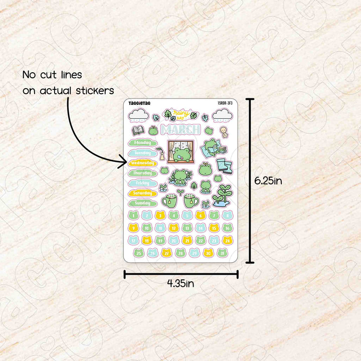 March Rainy Day Reads Theme Planner Stickers no cut lines on actual stickers, sheet size is 4.35in x 6.25in