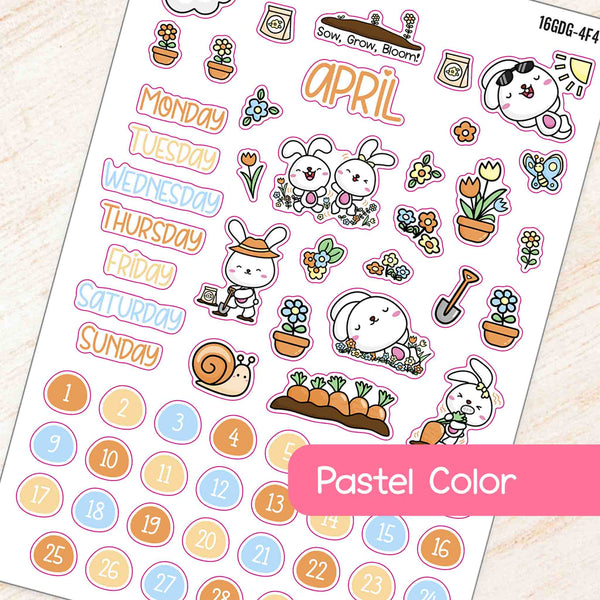 April Gardening Theme Planner Stickers in pastel color