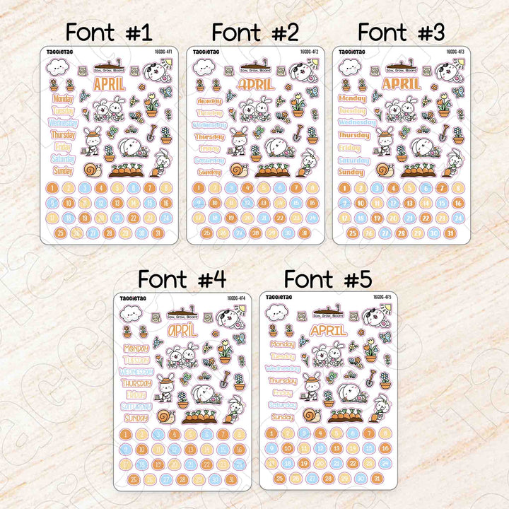 April Gardening Theme Planner Stickers available in 5 different fonts