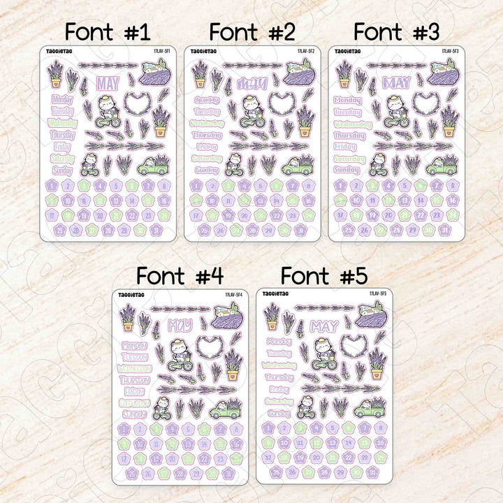 May Lavender Theme Planner Stickers available in 5 different fonts