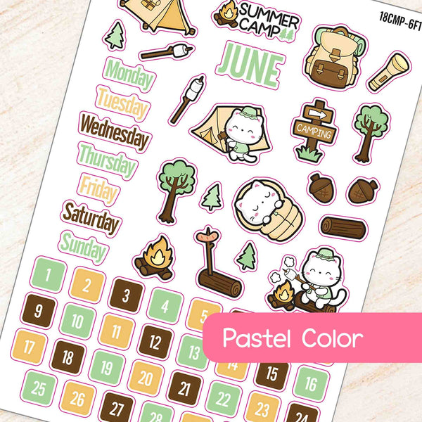 June Summer Camp Theme Planner Stickers in pastel color