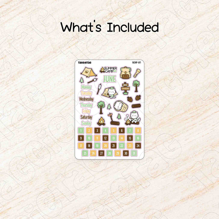 Includes a sheet of June Summer Camp Theme Planner Stickers