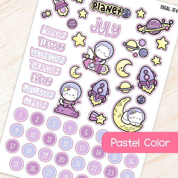 July Galaxy Theme Planner Stickers in pastel color