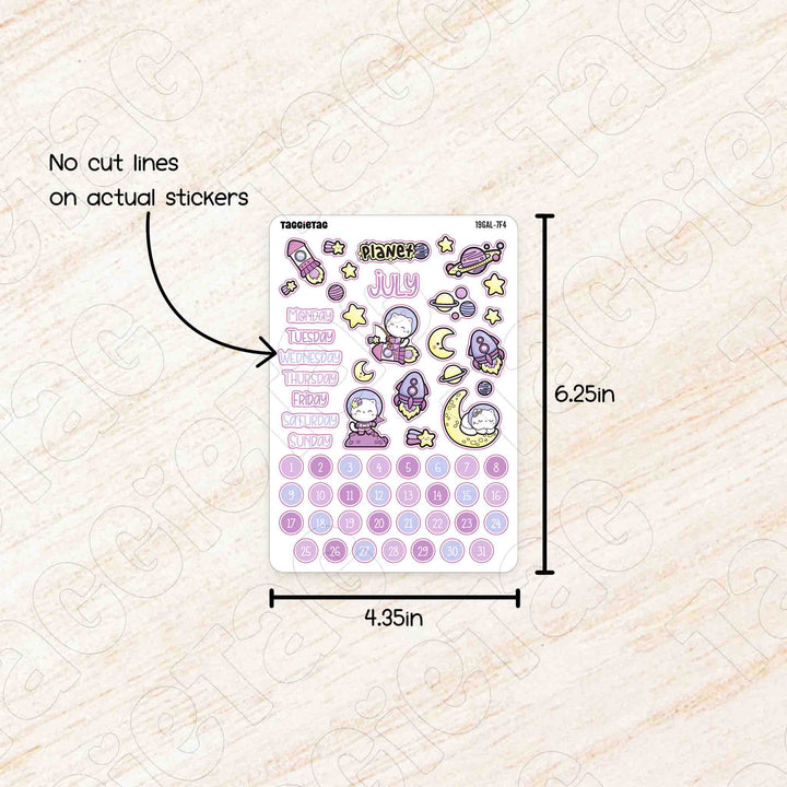 July Galaxy Theme Planner Stickers no cut lines on actual stickers, sheet size is 4.35in x 6.25in