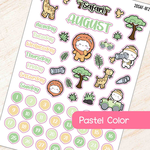 August Safari Theme Planner Stickers in pastel color