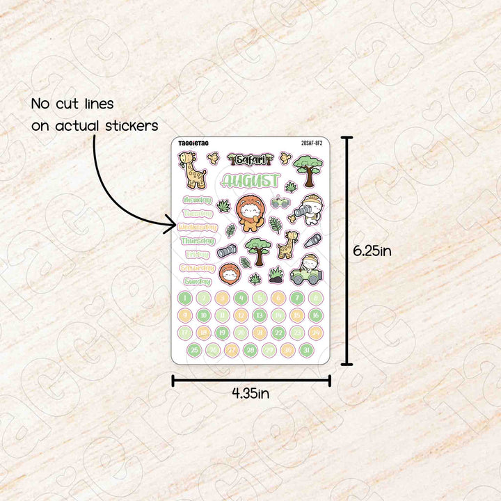 August Safari Theme Planner Stickers no cut lines on actual stickers, sheet size is 4.35in x 6.25in