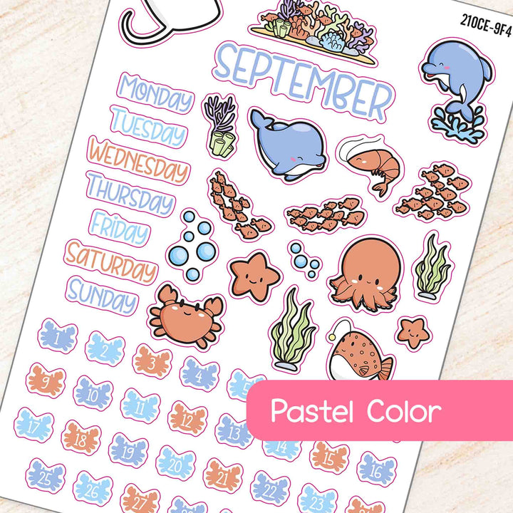 September Deep Blue Sea Theme Planner Stickers in pastel color