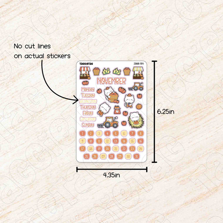 November Harvest Theme Planner Stickers no cut lines on actual stickers, sheet size is 4.35in x 6.25in