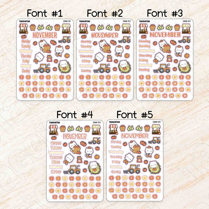 November Harvest Theme Planner Stickers available in 5 different fonts