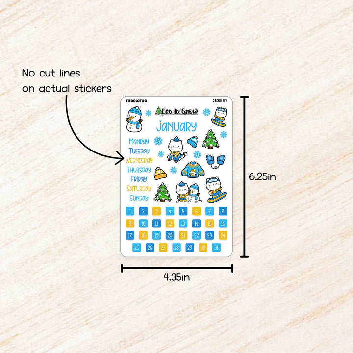 January Winter Theme #2 Planner Stickers no cut lines on actual stickers, sheet size is 4.35in x 6.25in