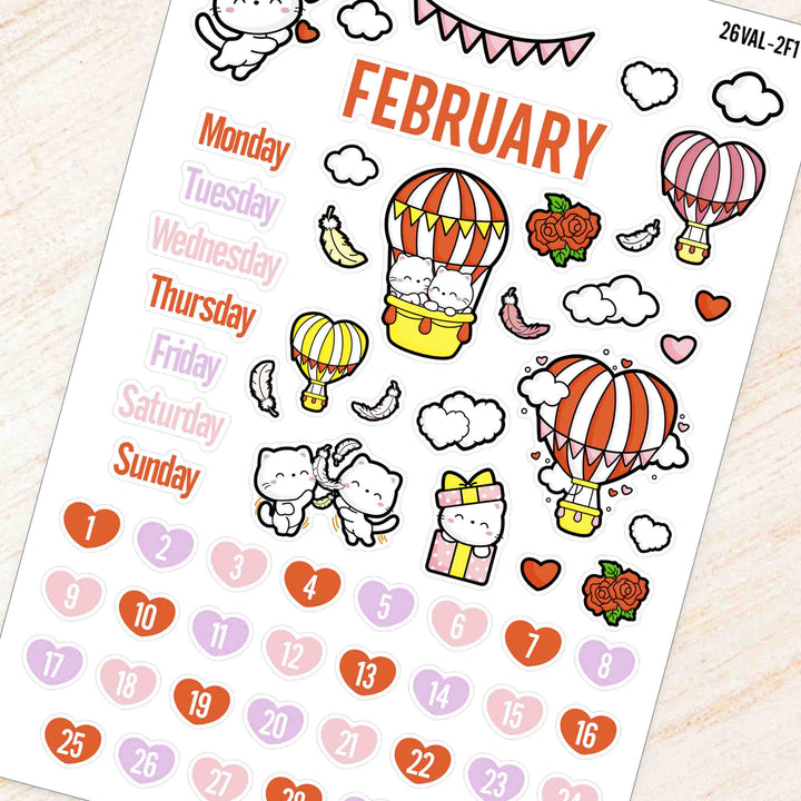 February Valentine Hot Air Balloons Theme Planner Stickers