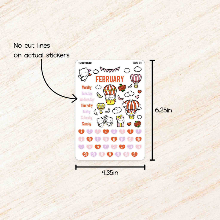 February Valentine Hot Air Balloons Theme Planner Stickers no cut lines on actual stickers, sheet size is 4.35in x 6.25in