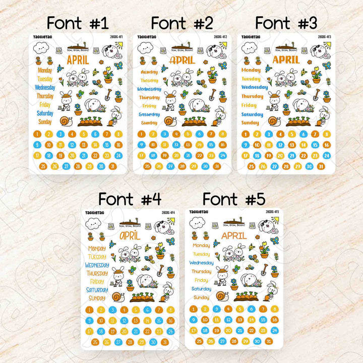 April Gardening Theme Planner Stickers available in 5 different fonts