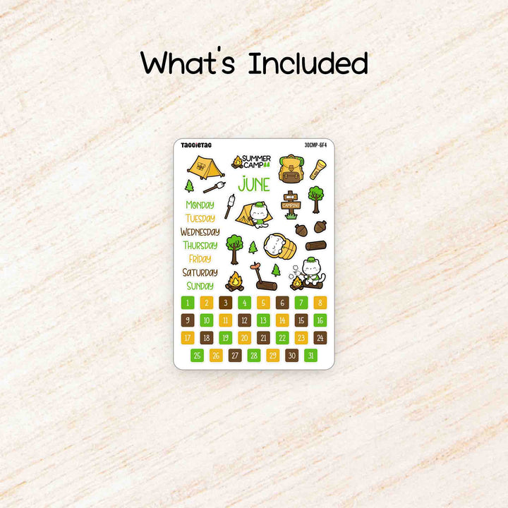 Includes a sheet of June Summer Camp Theme Planner Stickers