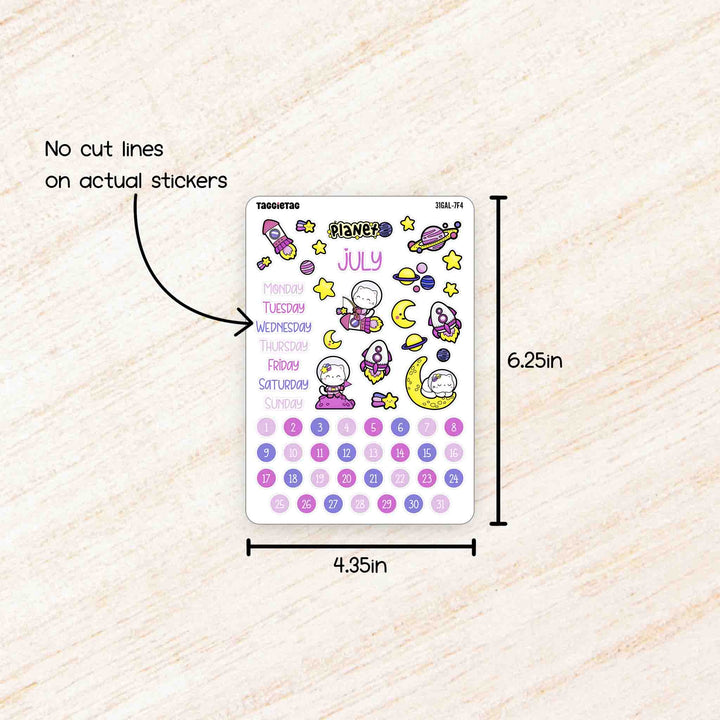 July Galaxy Theme Planner Stickers no cut lines on actual stickers, sheet size is 4.35in x 6.25in