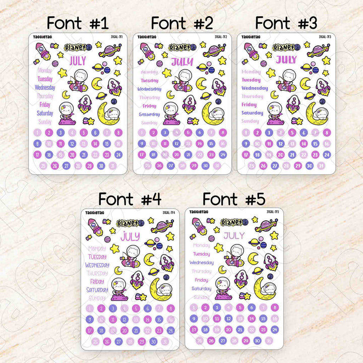 July Galaxy Theme Planner Stickers available in 5 different fonts