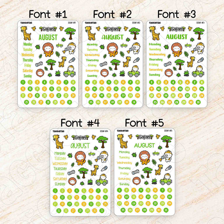 August Safari Theme Planner Stickers available in 5 different fonts