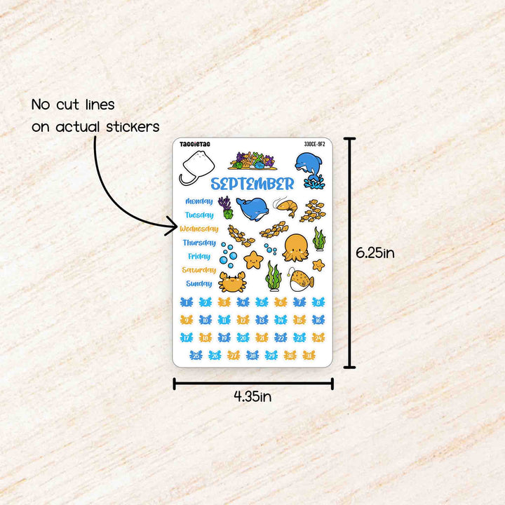 September Deep Blue Sea Theme Planner Stickers no cut lines on actual stickers, sheet size is 4.35in x 6.25in