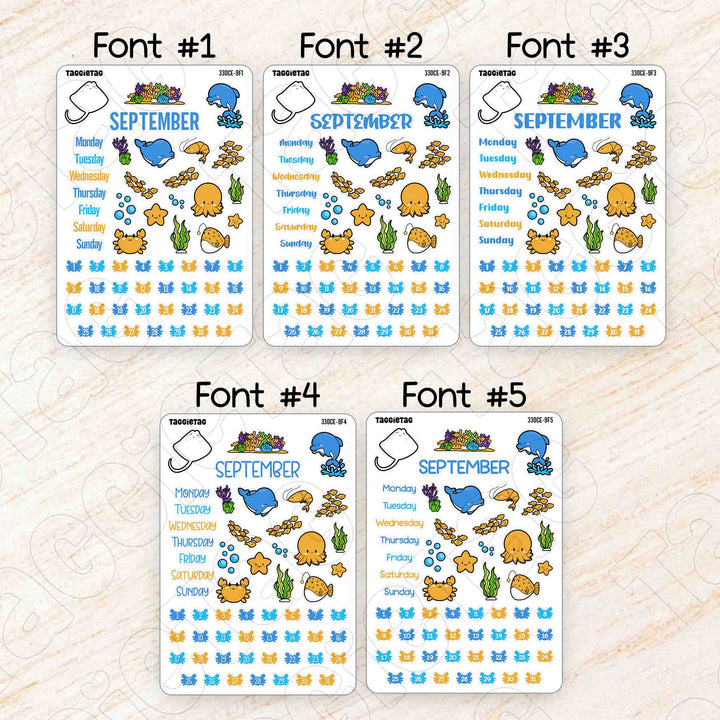 September Deep Blue Sea Theme Planner Stickers available in 5 different fonts