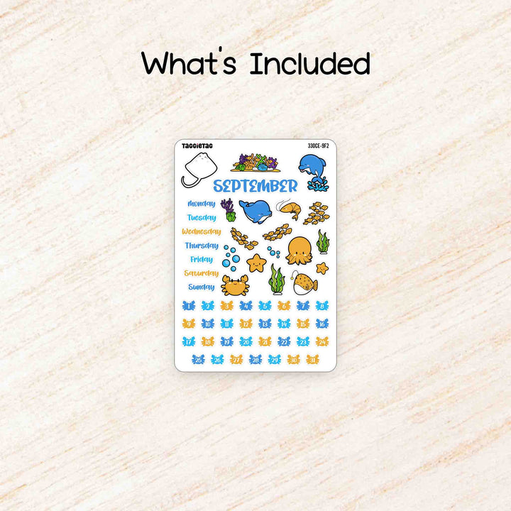 Includes a sheet of September Deep Blue Sea Theme Planner Stickers