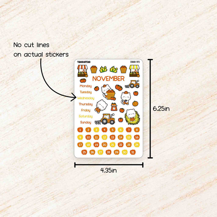 November Harvest Theme Planner Stickers no cut lines on actual stickers, sheet size is 4.35in x 6.25in