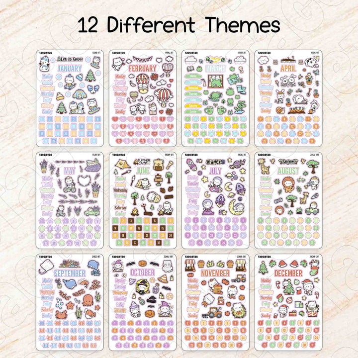 January to December Planner Stickers Bundle (Set #4) has 12 different themes