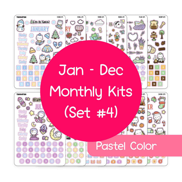 January to December Planner Stickers Bundle (Set #4), 12 sheets, pastel color