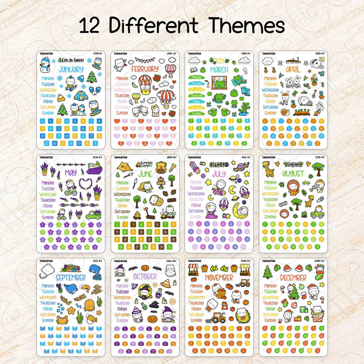 January to December Planner Stickers Bundle (Set #5) has 12 different themes