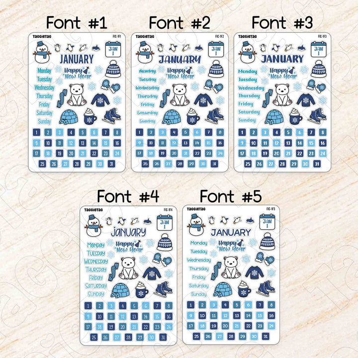 January Winter Themed Planner Stickers available in multiple fonts