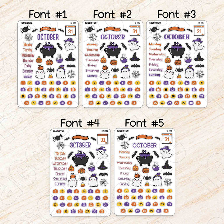 October Halloween Theme Planner Stickers available in 5 different fonts